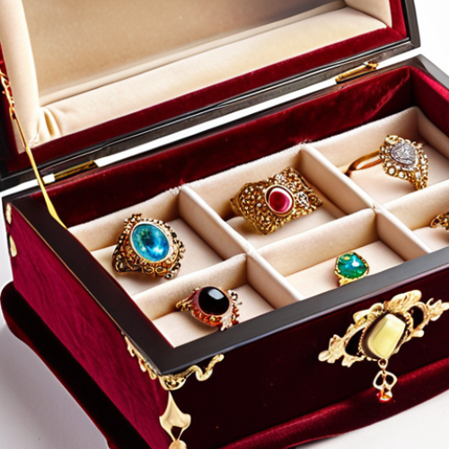 Home 4 An open, antique princess jewelry box, viewed from a slightly elevated angle. Inside, sparkling gold necklaces, delicate rings, and shimmering gemstones rest on plush, deep red velvet compartments. Soft, ethereal light spills into the box, creating a magical and nostalgic atmosphere, evoking childhood wonder and treasured memories. The box itself is intricately designed with classic ornate details.