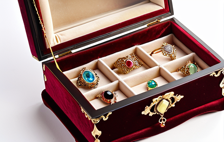 An open, antique princess jewelry box, viewed from a slightly elevated angle. Inside, sparkling gold necklaces, delicate rings, and shimmering gemstones rest on plush, deep red velvet compartments. Soft, ethereal light spills into the box, creating a magical and nostalgic atmosphere, evoking childhood wonder and treasured memories. The box itself is intricately designed with classic ornate details.