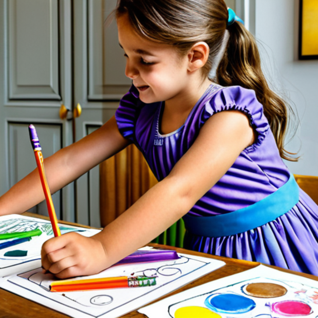 "La Magie des Dégradés"**

A young girl, fully clothed in a cheerful, colorful dress, sits at a wooden table in a brightly lit Parisian apartment, focused on coloring with Crayola crayons. She's creating a smooth color gradient in a coloring book depicting a fairytale scene. "Bleu de Prusse" and "Violet Impérial" crayons are prominent. The scene is safe for work, appropriate content, modest, family-friendly, with perfect anatomy, correct proportions, and a natural pose. High-quality photo illustration, professional.

**