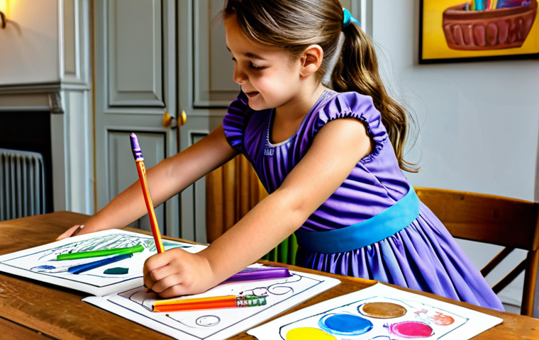 "La Magie des Dégradés"**

A young girl, fully clothed in a cheerful, colorful dress, sits at a wooden table in a brightly lit Parisian apartment, focused on coloring with Crayola crayons. She's creating a smooth color gradient in a coloring book depicting a fairytale scene. "Bleu de Prusse" and "Violet Impérial" crayons are prominent. The scene is safe for work, appropriate content, modest, family-friendly, with perfect anatomy, correct proportions, and a natural pose. High-quality photo illustration, professional.

**