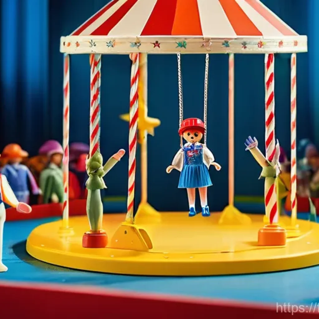 플레이모빌 서커스 테마 구성 - **Prompt 1: "A vibrant and cheerful Playmobil circus scene under a grand, striped big top. The focus...