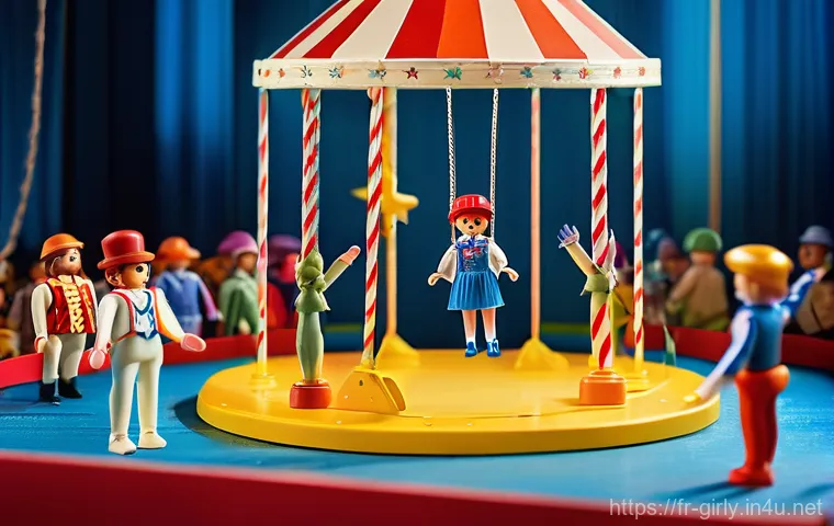 플레이모빌 서커스 테마 구성 - **Prompt 1: "A vibrant and cheerful Playmobil circus scene under a grand, striped big top. The focus...