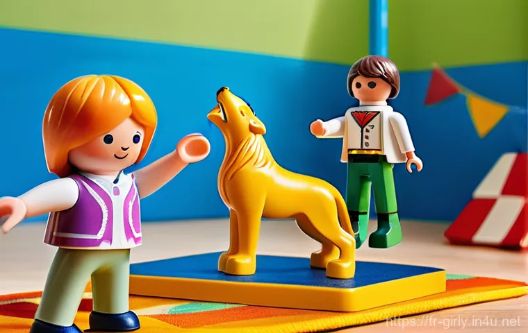 플레이모빌 서커스 테마 구성 - **Prompt 1: "A vibrant and cheerful Playmobil circus scene under a grand, striped big top. The focus...