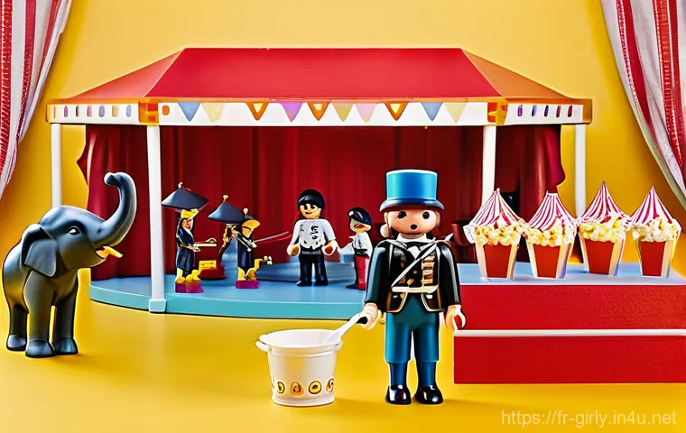 플레이모빌 서커스 테마 구성 - **Prompt 2: "Two children, approximately 7-9 years old, dressed in casual, age-appropriate clothing,...