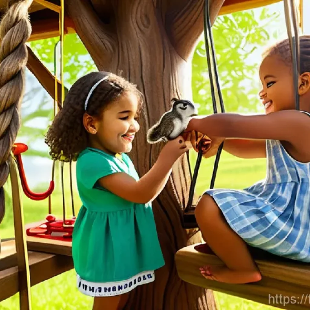 숲속 친구들 나무집 세트 - "A group of diverse children, aged between 6 and 9 years old, are playing collaboratively on a large...