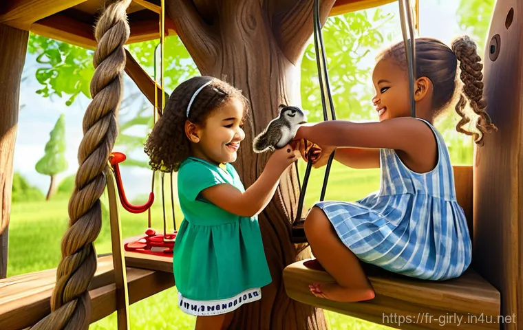 숲속 친구들 나무집 세트 - "A group of diverse children, aged between 6 and 9 years old, are playing collaboratively on a large...