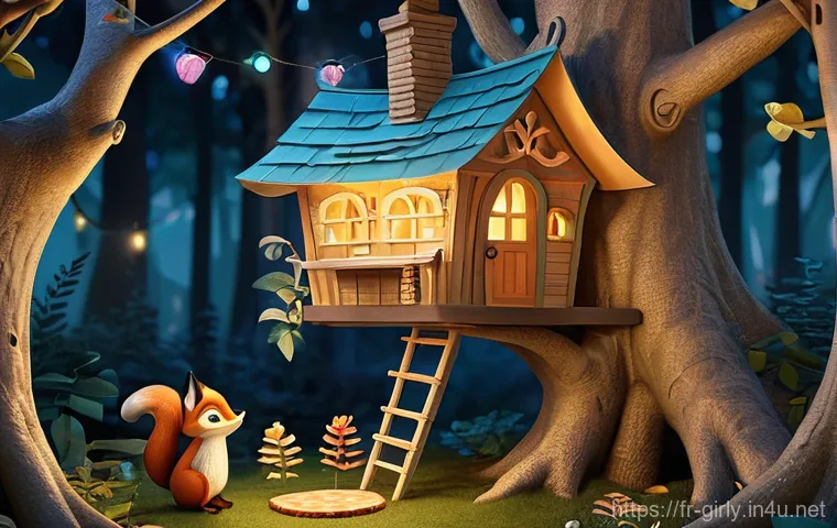 숲속 친구들 나무집 세트 - "A group of diverse children, aged between 6 and 9 years old, are playing collaboratively on a large...