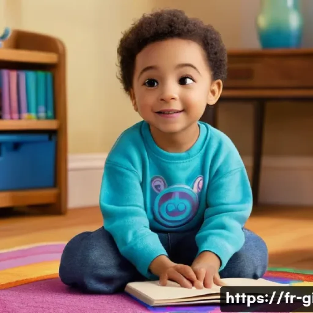 블루의 단서 찾기 놀이 세트 - **Prompt:** "A vibrant and inviting image depicting a cheerful 5-year-old child, dressed in a comfor...