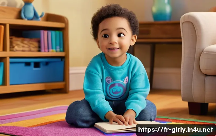 블루의 단서 찾기 놀이 세트 - **Prompt:** "A vibrant and inviting image depicting a cheerful 5-year-old child, dressed in a comfor...