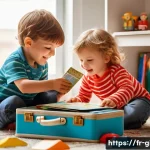 캐리어 장난감 여행놀이 아이디어 - A lively scene of young children playing with a colorful toy suitcase in a bright, cozy living room ...