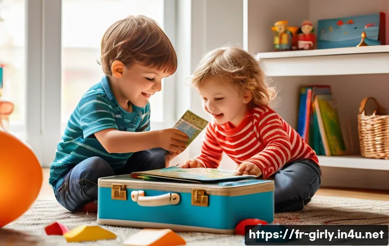 캐리어 장난감 여행놀이 아이디어 - A lively scene of young children playing with a colorful toy suitcase in a bright, cozy living room ...