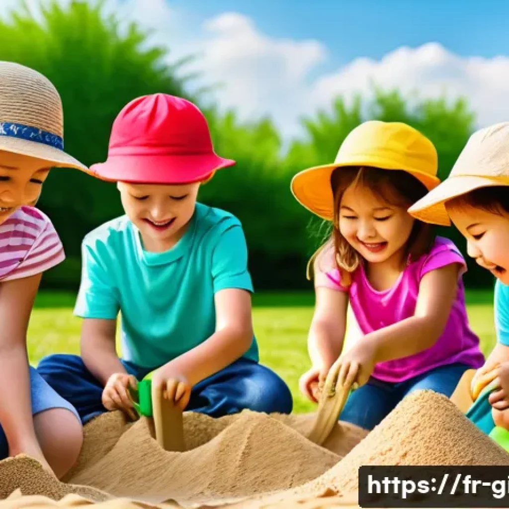 핑크퐁과 함께 만드는 모래놀이 - A joyful group of children playing in a large outdoor sandbox on a sunny day, wearing colorful summe...