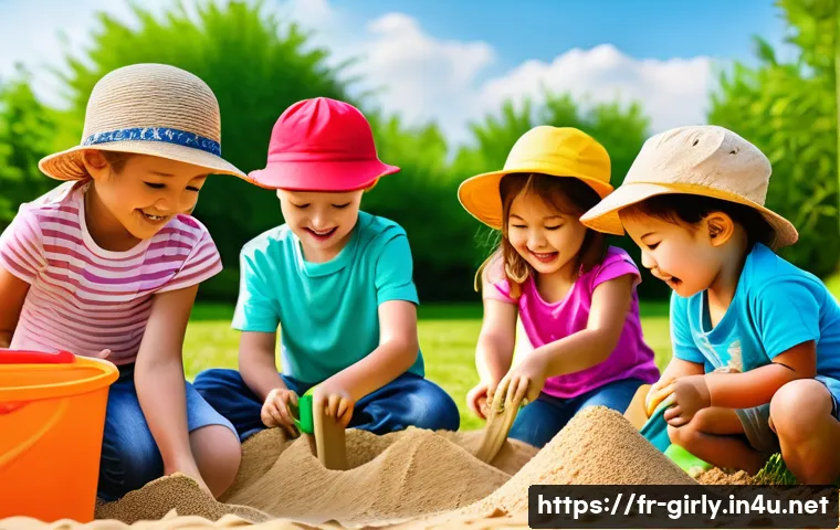 핑크퐁과 함께 만드는 모래놀이 - A joyful group of children playing in a large outdoor sandbox on a sunny day, wearing colorful summe...