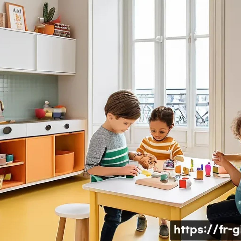 미미 인형과 함께 하는 직업 체험 - A cozy and bright children’s playroom in a modern Parisian apartment, featuring a group of diverse c...