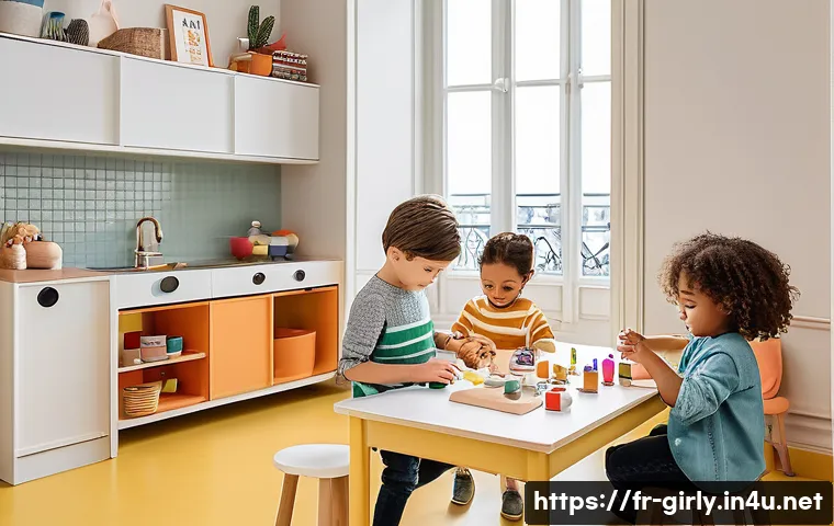 미미 인형과 함께 하는 직업 체험 - A cozy and bright children’s playroom in a modern Parisian apartment, featuring a group of diverse c...