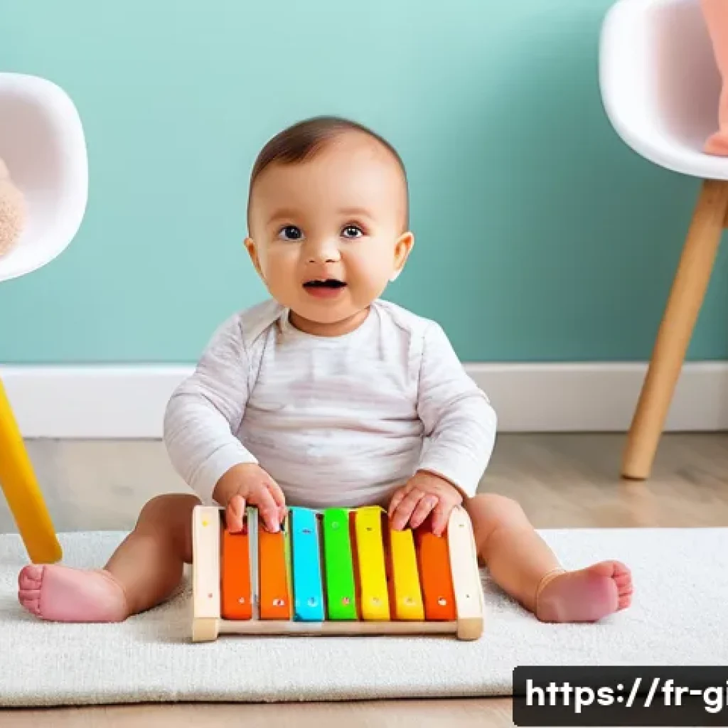 베이비 아인슈타인 악기 세트 - A cozy and bright nursery scene featuring a happy baby wearing a diaper playing with colorful, safe,...