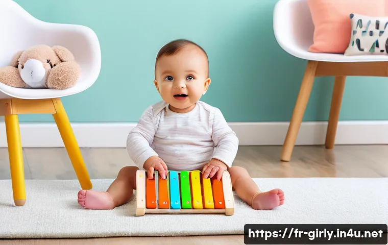 베이비 아인슈타인 악기 세트 - A cozy and bright nursery scene featuring a happy baby wearing a diaper playing with colorful, safe,...