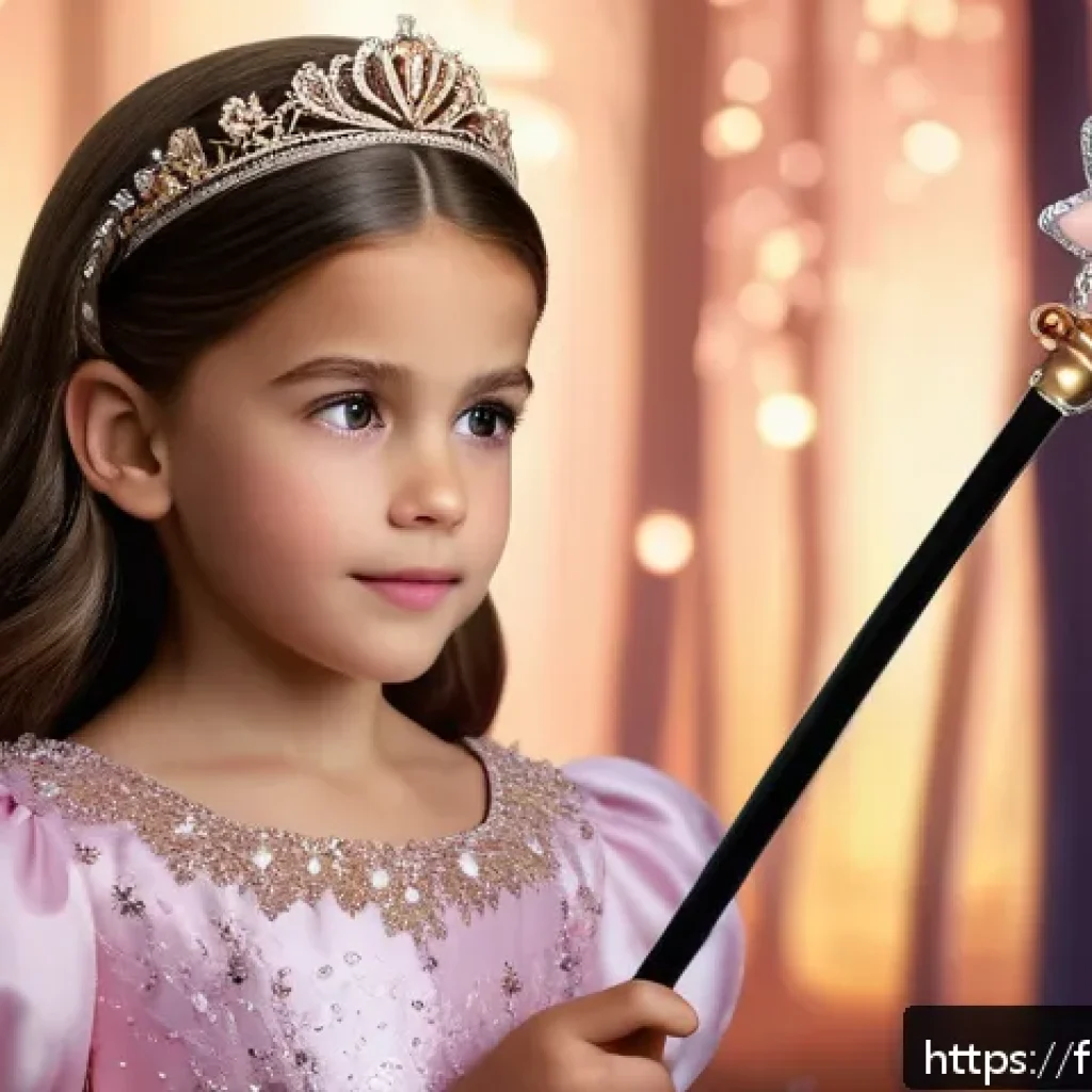 소피아 공주 마법 지팡이 기능 - A young princess named Sofia holding an elegant ebony wood wand adorned with sparkling crystals and ...