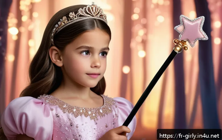 소피아 공주 마법 지팡이 기능 - A young princess named Sofia holding an elegant ebony wood wand adorned with sparkling crystals and ...